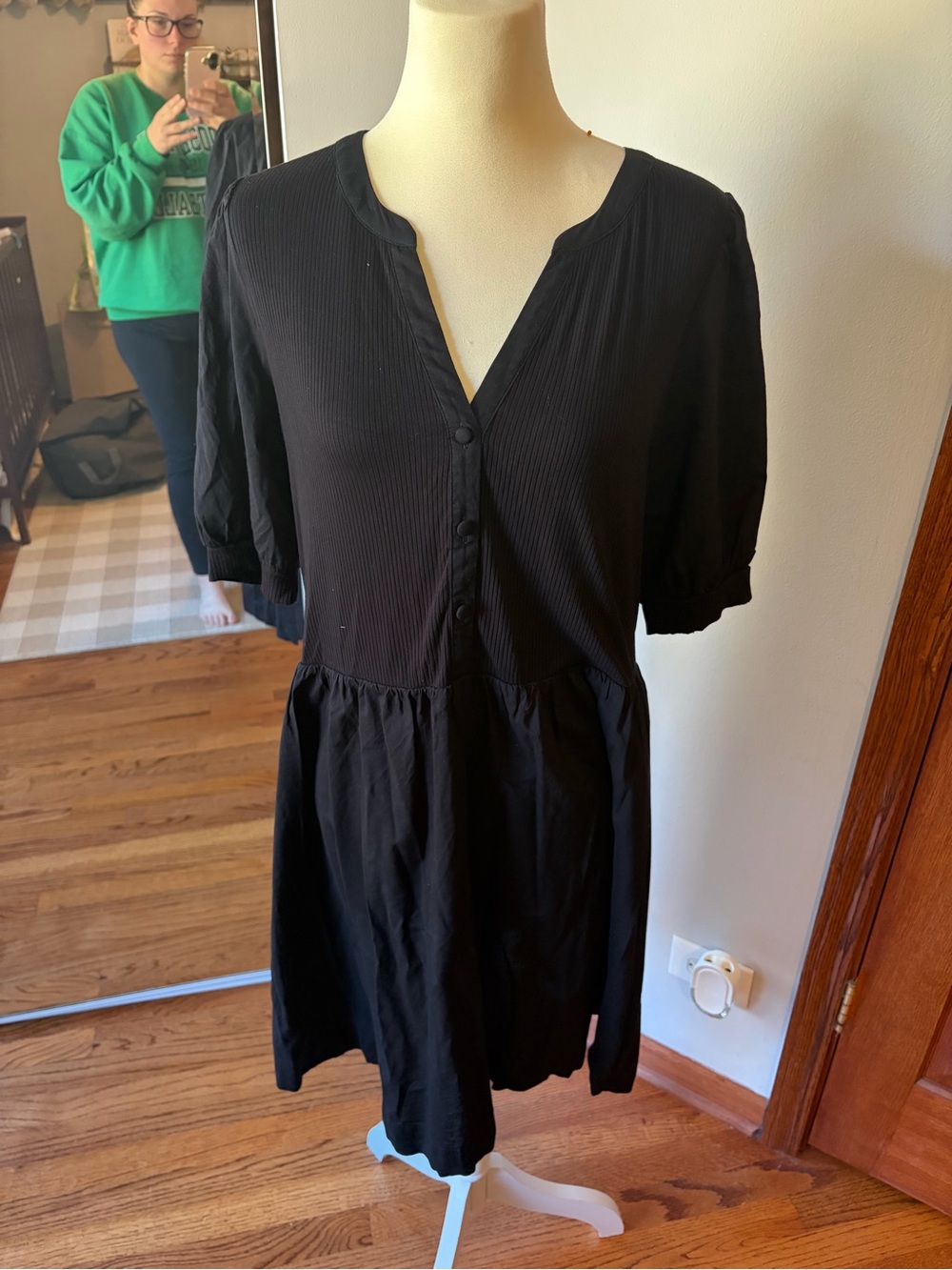 Loft Black ribbed knit button up dress Size L Tall